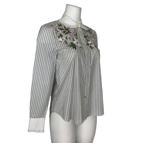 Kate Spade Embroidered Ruffle Top Blouse XS White Black Stripe Floral - Picture 3 of 14